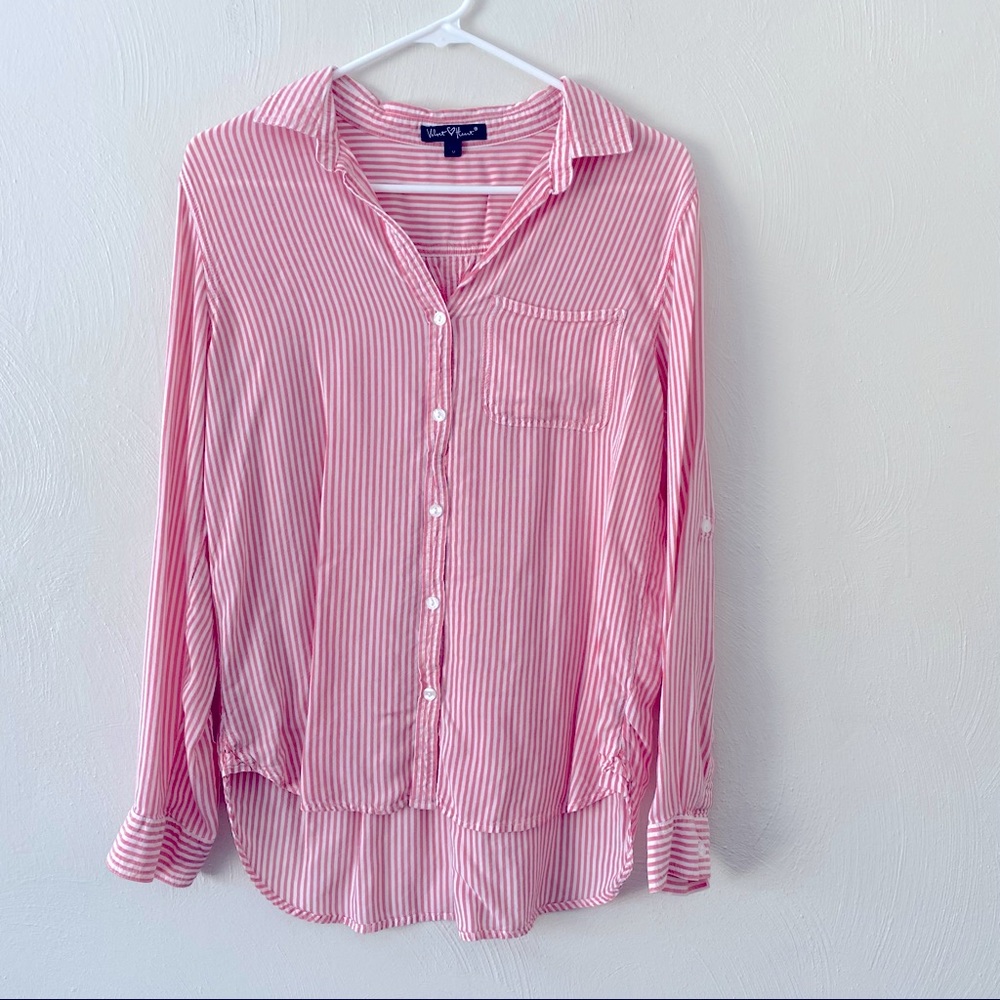 Classy Velvet Heart Pink Pinstriped Button Up Shirt Size Medium